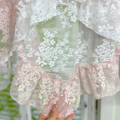 1Pc,Princess Style White Pink Double Layer Jacquard Lace with Ruffles Swag Waterfal Valance Sheer Curtains for Room Windows