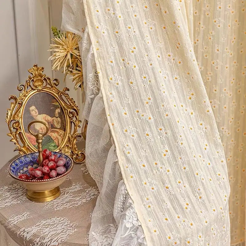 Light Yellow Daisy French Vintage Ruffle Lace Flower Semi Blackout Curtains Cotton Linen Window Door Cabinet Drapes for Bedroom