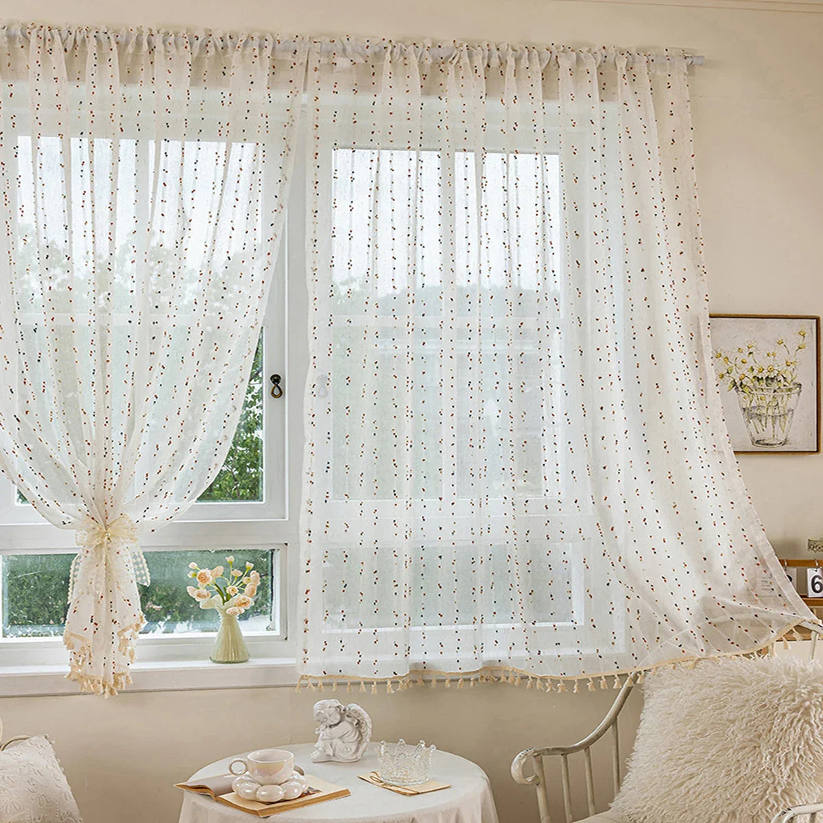 Modern Minimalist Striped Privacy Sheer Curtain, High-Quality Linen Sheer Voile with tassel Embellishment,Cute Home Drapes