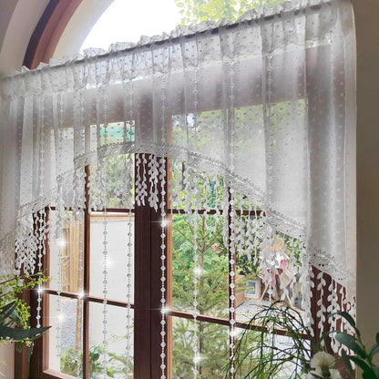 Luxury French Country Curtain with Embroidered Lace Crystal Pendants Semi Sheer Panel,Translucent Light Filtering Window Drapery