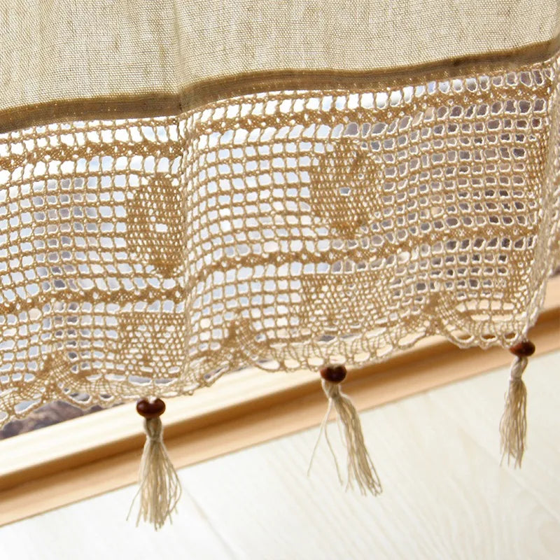 French Solid Cotton Linen Retro Hollow Curtain Handmade Crochet Bottom Stitching Blackout Window Curtain for Living Room