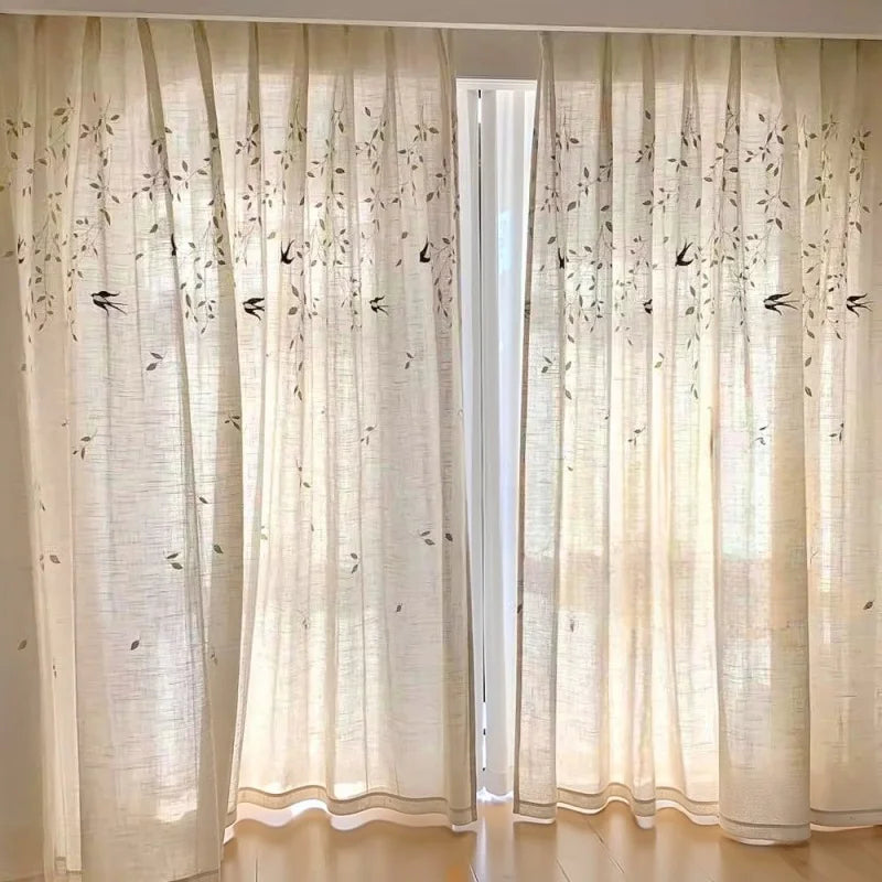 French Embroidered Bird Linen Curtain For Living Room, Privacy Sheer Curtain For Bedroom, Machine Washable .Easy Install Curtain