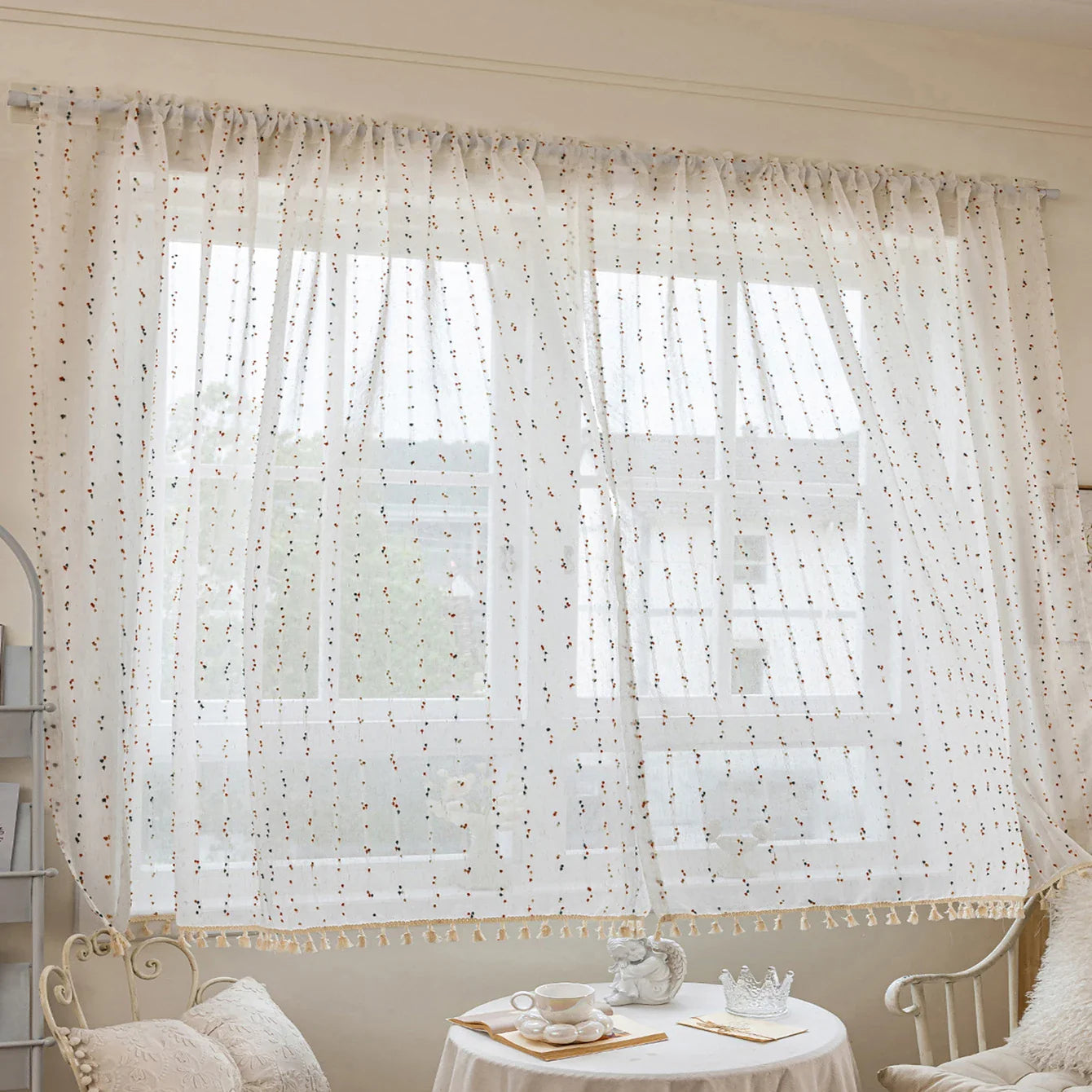 Modern Minimalist Striped Privacy Sheer Curtain, High-Quality Linen Sheer Voile with tassel Embellishment,Cute Home Drapes