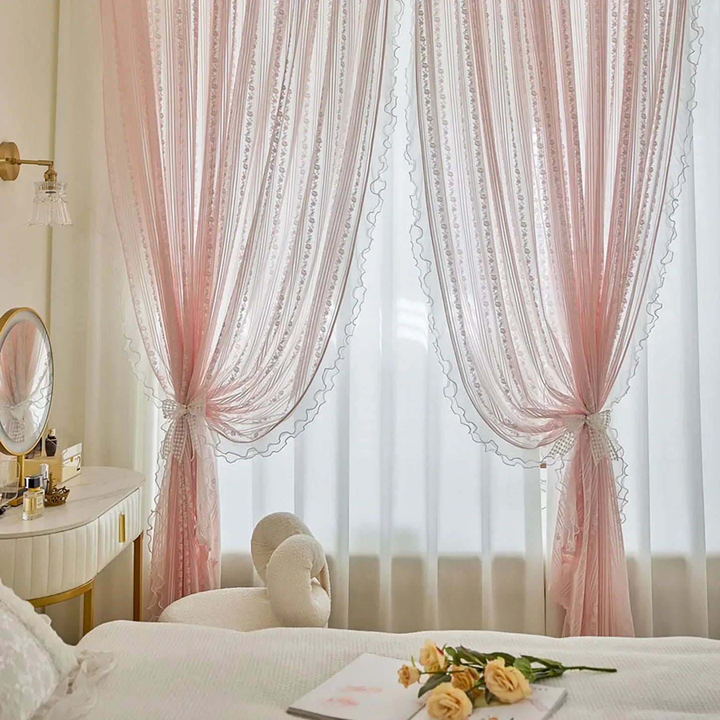 Pink Vertical Striped Rose Flower Lace With White Pearl Ruffled Tulle Curtains For Living Room Romantic Princess Bedroom Drapes