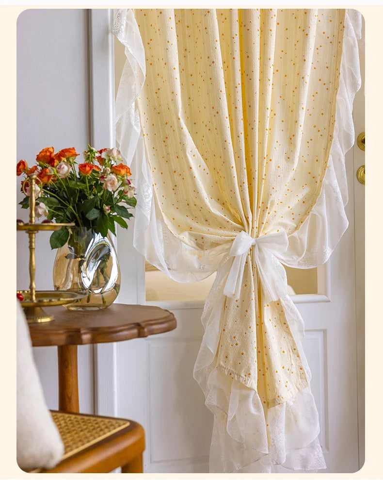 Light Yellow Daisy French Vintage Ruffle Lace Flower Semi Blackout Curtains Cotton Linen Window Door Cabinet Drapes for Bedroom
