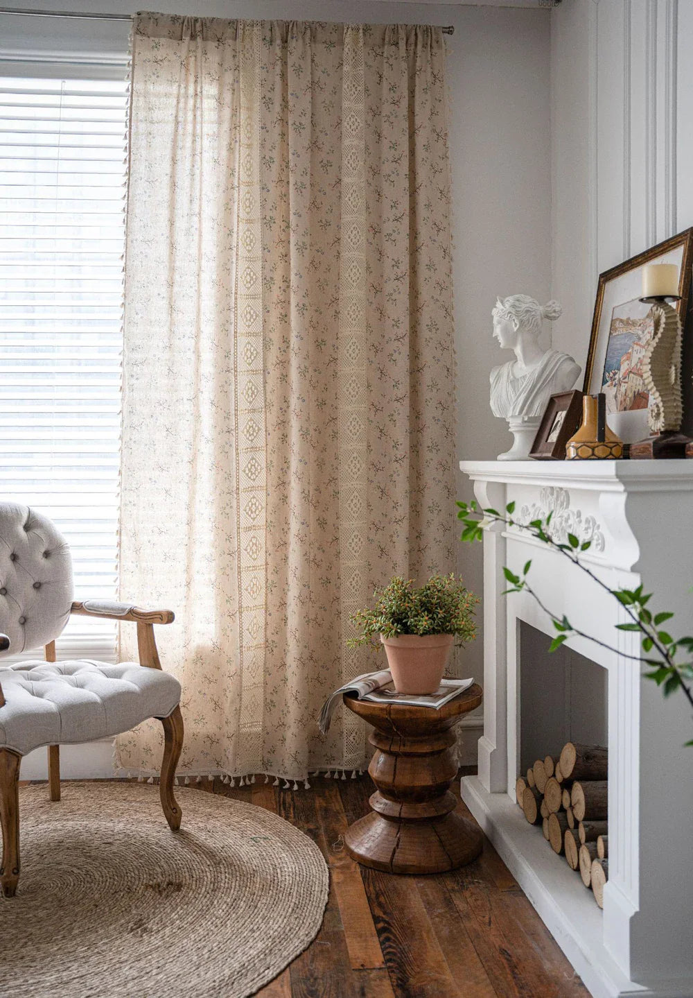 Boho Curtains Semi-Blackout Crochet Patchwork Floral Print Cotton Linen with Tassels Rod Pocket Window Drapes for Living Bedroom