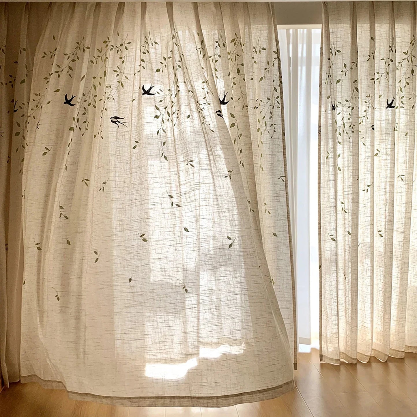 French Embroidered Bird Linen Curtain For Living Room, Privacy Sheer Curtain For Bedroom, Machine Washable .Easy Install Curtain