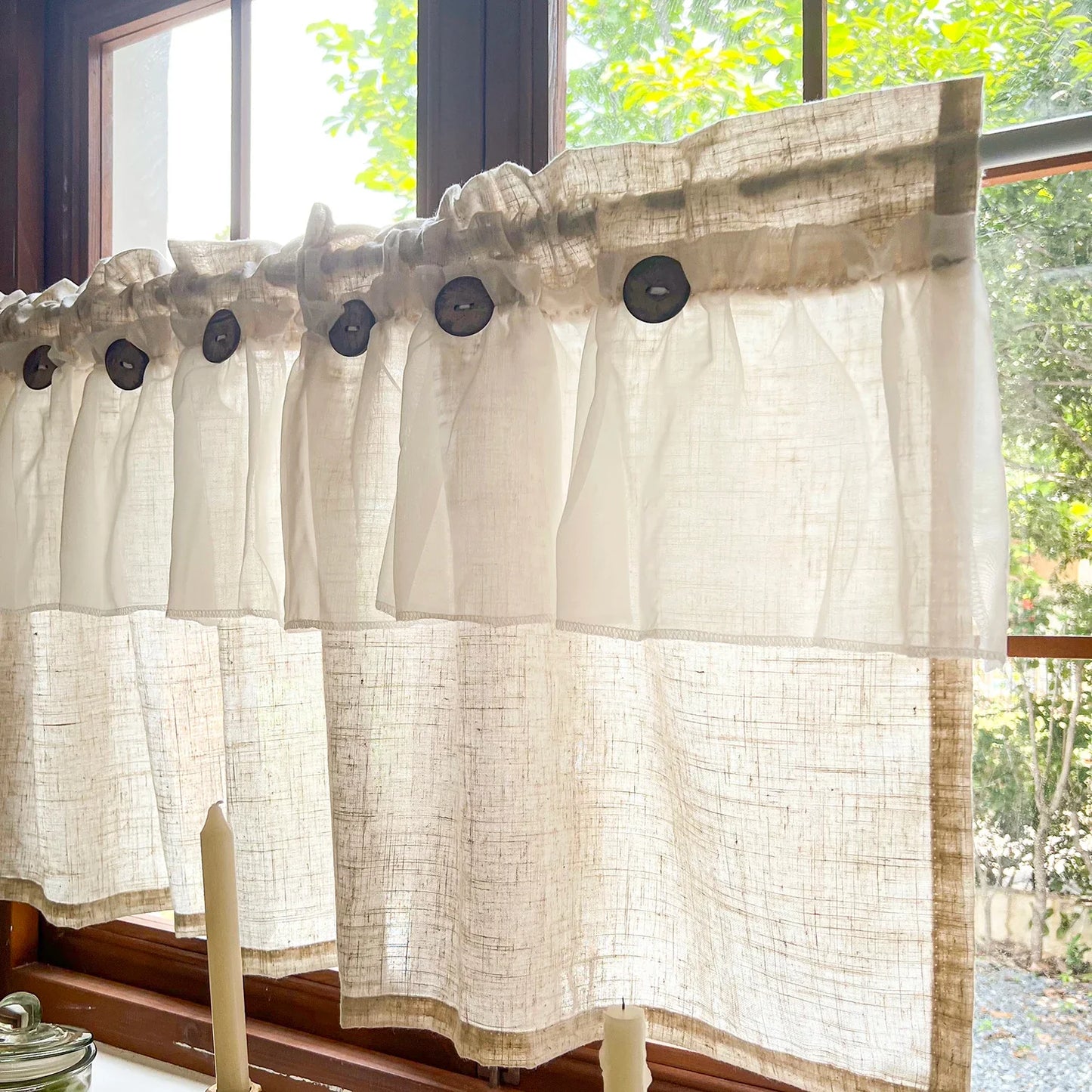 Countryside Double-layer Pleated Small Curtains For Kitchen,With Button Design Cafe Style Half Curtain,Affordable Linen Curtains