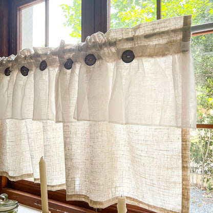 Countryside Double-layer Pleated Small Curtains For Kitchen,With Button Design Cafe Style Half Curtain,Affordable Linen Curtains