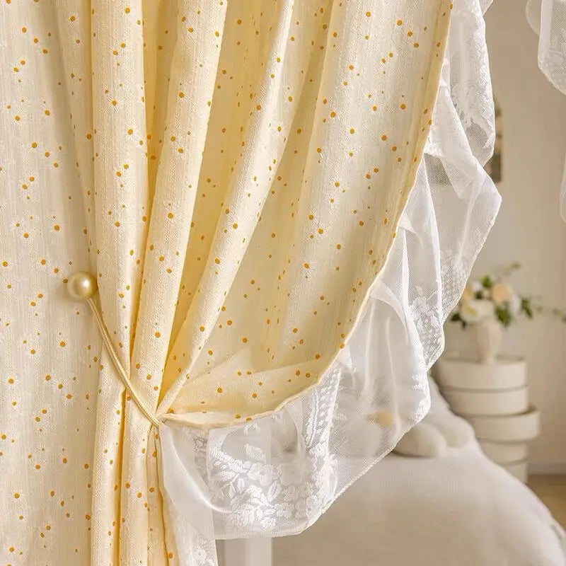 Light Yellow Daisy French Vintage Ruffle Lace Flower Semi Blackout Curtains Cotton Linen Window Door Cabinet Drapes for Bedroom