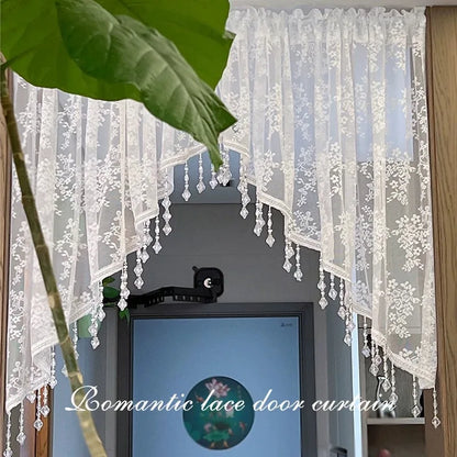 Elegant French Vintage Lace Half Curtain with Beaded Lace Triangle Design | Rod Pocket Privacy Curtain for Bedroom, Kitchen
