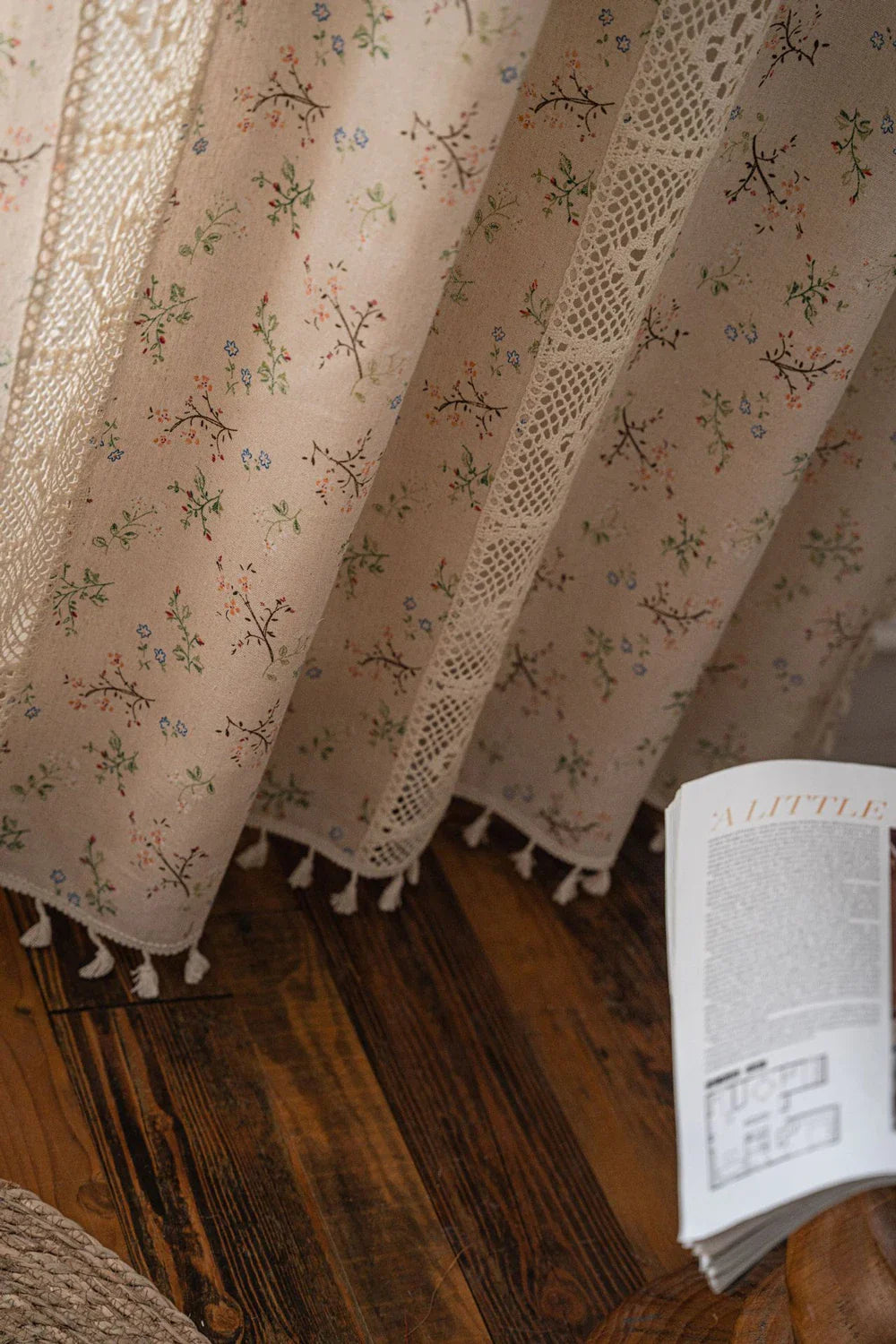 Boho Curtains Semi-Blackout Crochet Patchwork Floral Print Cotton Linen with Tassels Rod Pocket Window Drapes for Living Bedroom