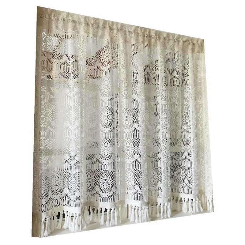 Nordic hollow lace gauze curtain fringed rural retro partition cotton and linen curtain