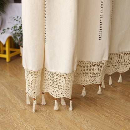 French Solid Cotton Linen Retro Hollow Curtain Handmade Crochet Bottom Stitching Blackout Window Curtain for Living Room