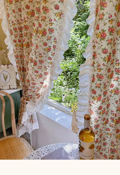 American Ruffled Edge Curtains, Lace French Countryside Style Printed Rose Bedrooms, Ins Style Bay Windows, Screen Curtains,