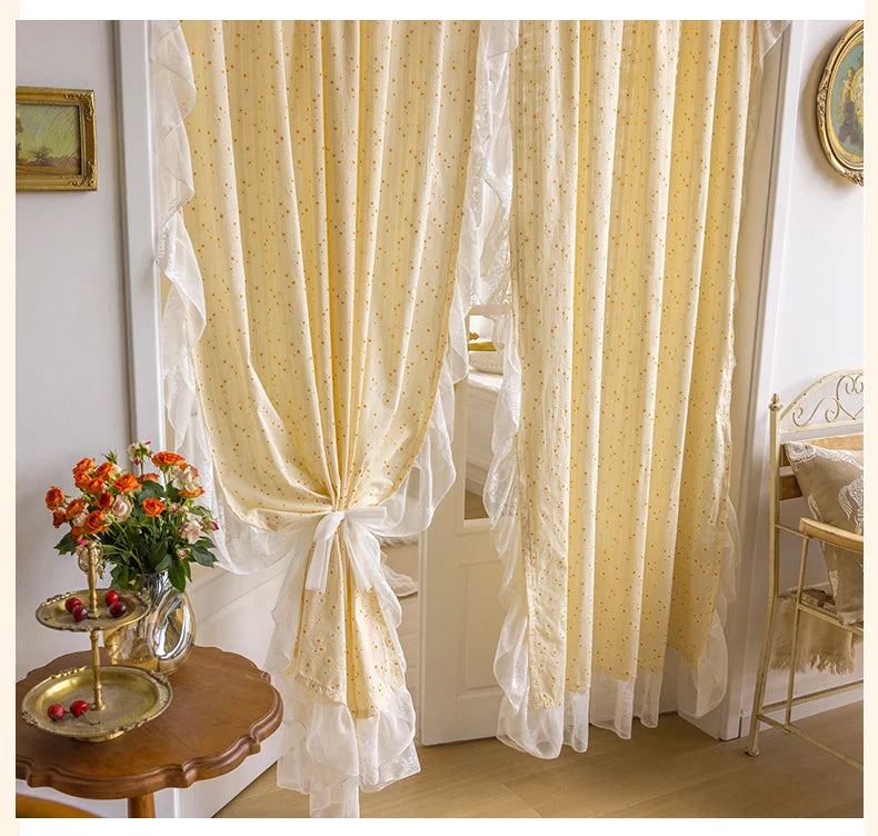 Light Yellow Daisy French Vintage Ruffle Lace Flower Semi Blackout Curtains Cotton Linen Window Door Cabinet Drapes for Bedroom