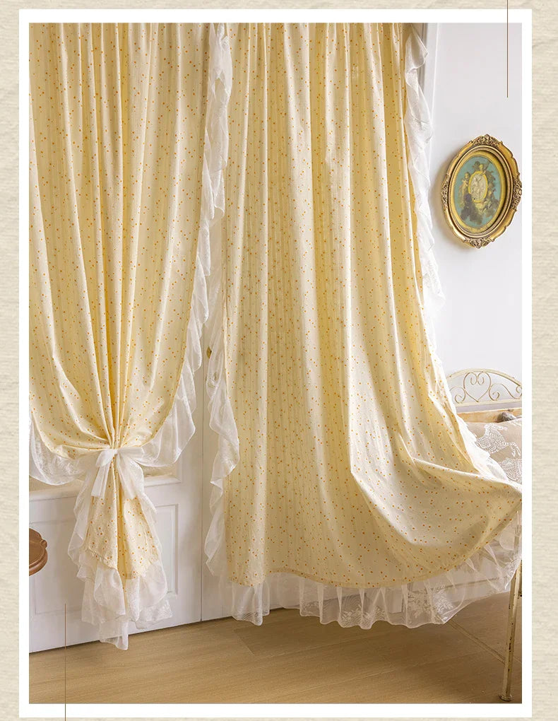 Light Yellow Daisy French Vintage Ruffle Lace Flower Semi Blackout Curtains Cotton Linen Window Door Cabinet Drapes for Bedroom