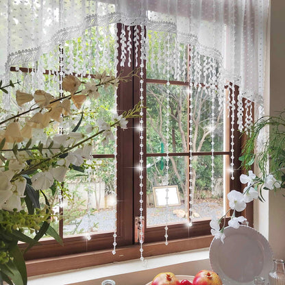 Luxury French Country Curtain with Embroidered Lace Crystal Pendants Semi Sheer Panel,Translucent Light Filtering Window Drapery
