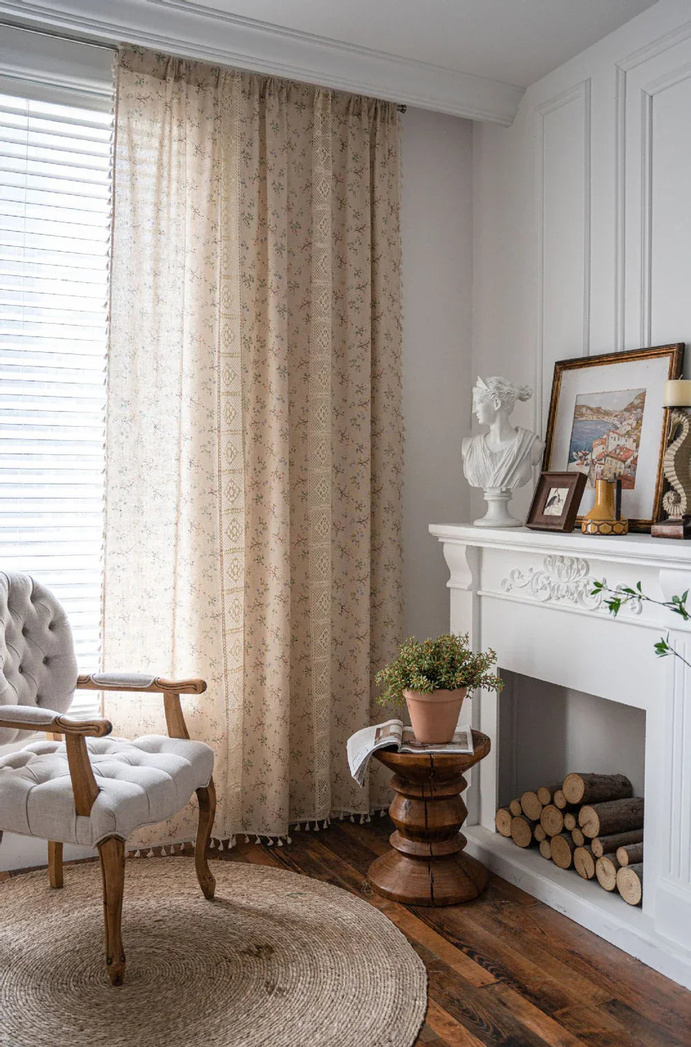 Boho Curtains Semi-Blackout Crochet Patchwork Floral Print Cotton Linen with Tassels Rod Pocket Window Drapes for Living Bedroom