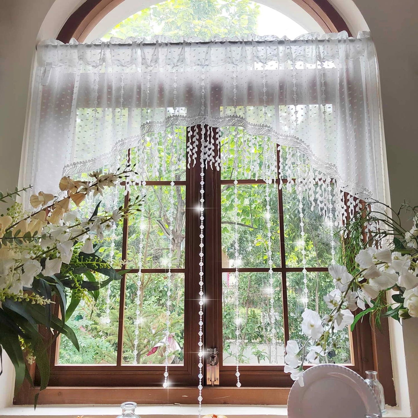 Luxury French Country Curtain with Embroidered Lace Crystal Pendants Semi Sheer Panel,Translucent Light Filtering Window Drapery