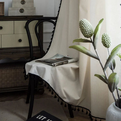 Boho Curtains Natural Linen Look Textured Burlap for Bedroom Rod Pocket Semi Blackout with Tassels Window Drapes for Living Room