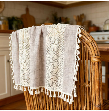 Bohemian Crochet Lace Kitchen Curtain with Tassel Trim, Spliced Design Boho Curtains for Window Panel Light Filtering Drape