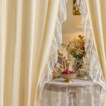 Light Yellow Daisy French Vintage Ruffle Lace Flower Semi Blackout Curtains Cotton Linen Window Door Cabinet Drapes for Bedroom