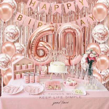 58Pc/Set 40-Inch Number Foil Balloons Party Backdrop Rain Curtain Rose Gold Glitter Balloons Happy Birthday Pink Banner Birthday Party Set Celebration Birthday Party Combo Set Suitable for 16Th 21St 30Th 40Th 50Th 60Th 70Th C