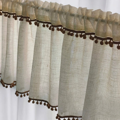 Kitchen Curtains Faux Linen Textured Small Cafe Window Curtain with Pom Pom Over Sink Light Filtering Short Curtain for Bathroom
