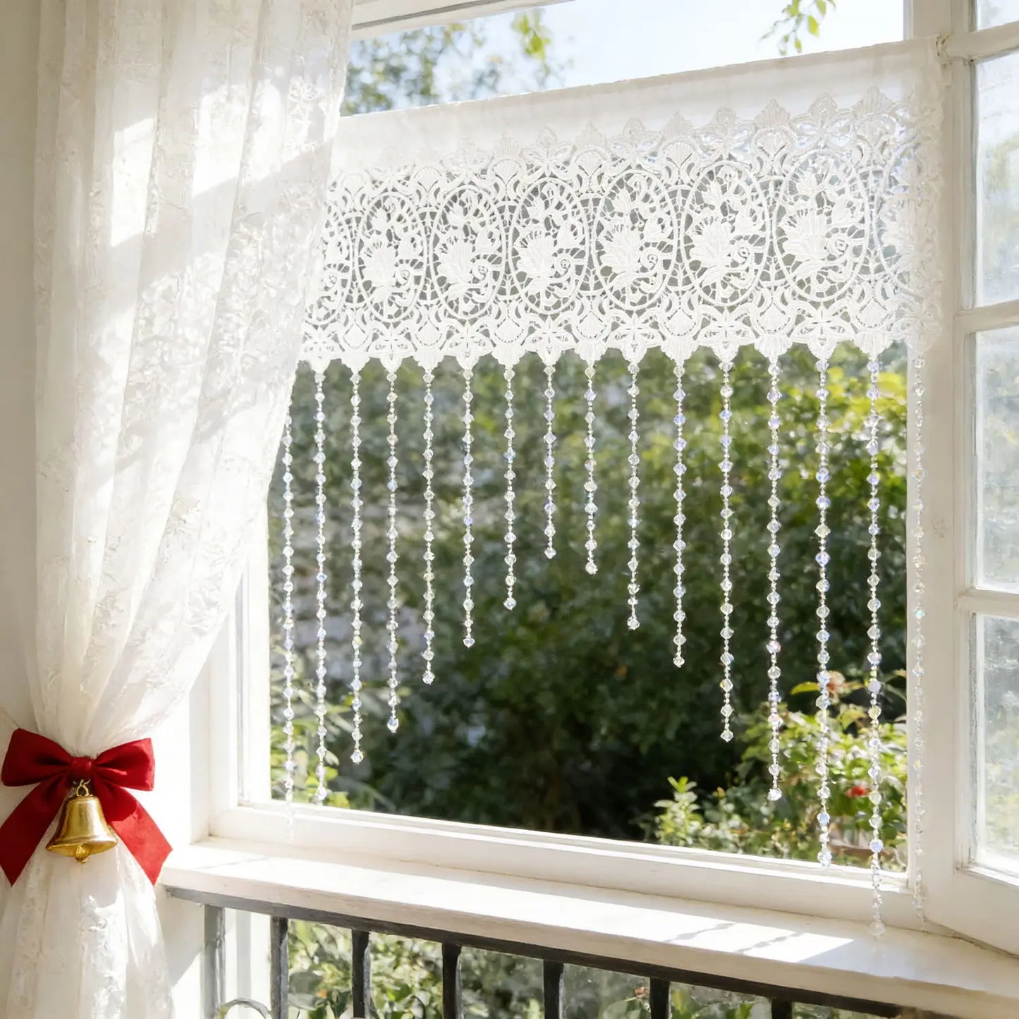 Luxury French Country Curtain with Embroidered Lace Crystal Pendants Semi-Sheer Panel,Translucent Light Filtering Window Drapery
