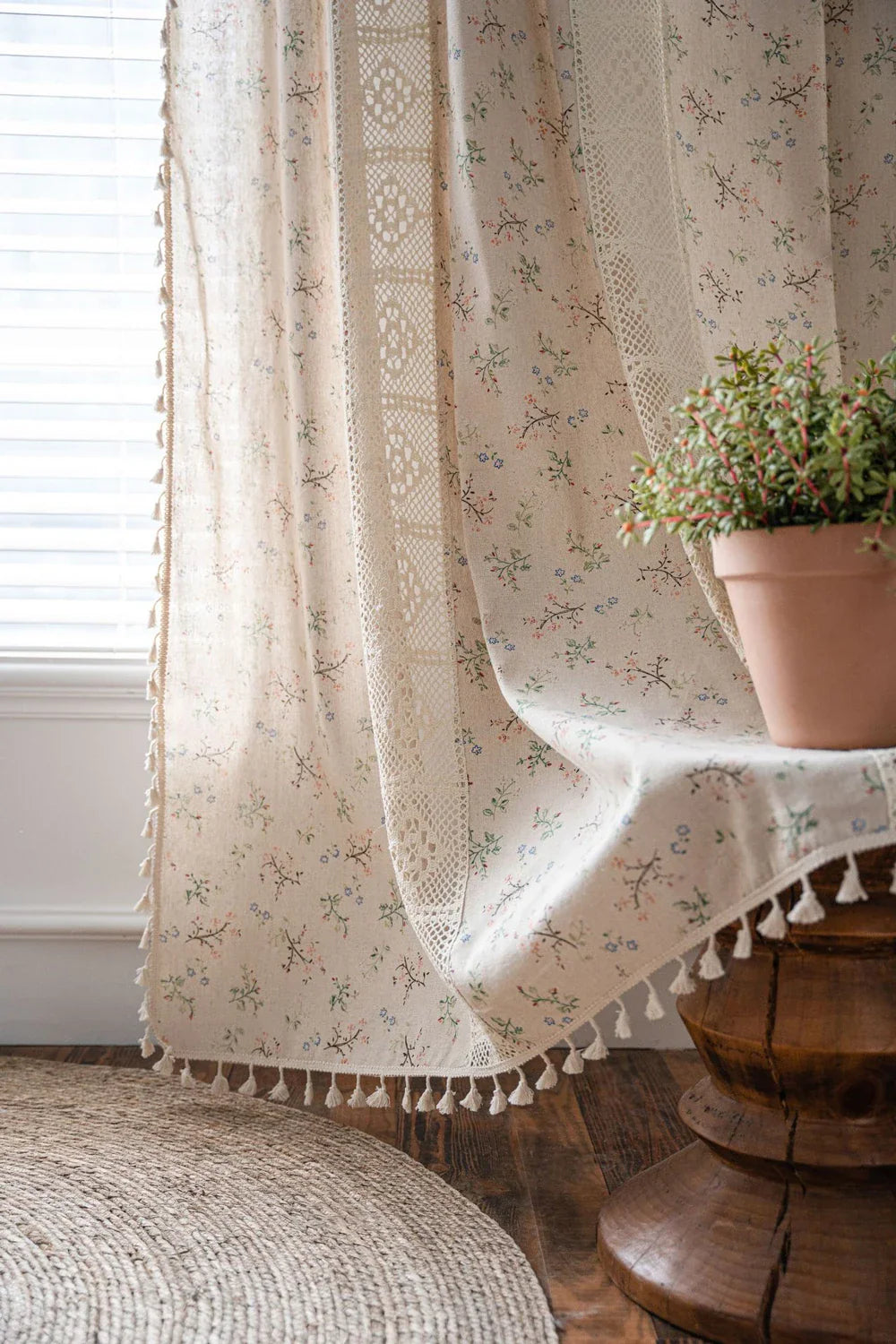Boho Curtains Semi-Blackout Crochet Patchwork Floral Print Cotton Linen with Tassels Rod Pocket Window Drapes for Living Bedroom
