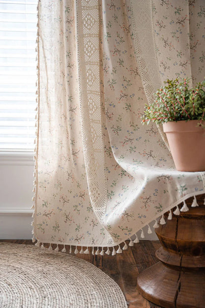 Boho Curtains Semi-Blackout Crochet Patchwork Floral Print Cotton Linen with Tassels Rod Pocket Window Drapes for Living Bedroom