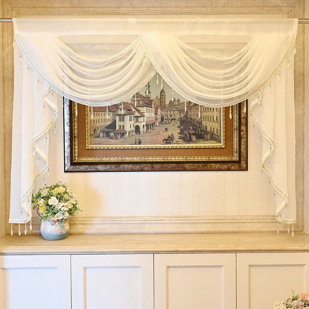 White Linen Valance Curtain Head Luxury Beaded Lace Voile Valance Curtain Wavy Curtain Custom Window Panel Drape for Living Room