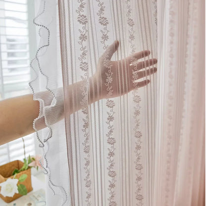 Pink Vertical Striped Rose Flower Lace With White Pearl Ruffled Tulle Curtains For Living Room Romantic Princess Bedroom Drapes