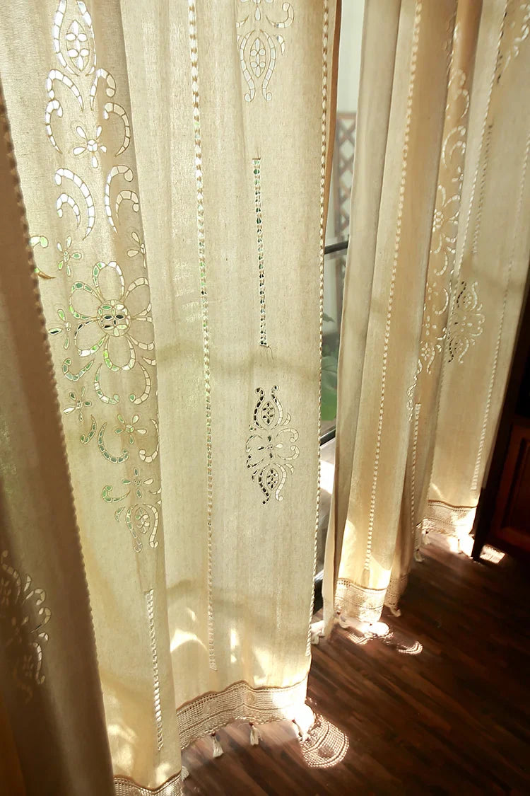 French Solid Cotton Linen Retro Hollow Curtain Handmade Crochet Bottom Stitching Blackout Window Curtain for Living Room