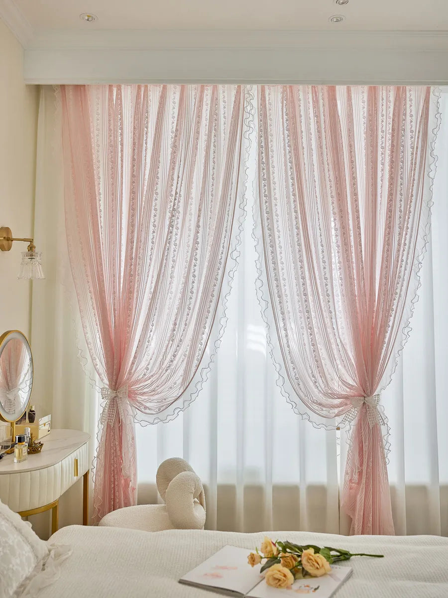 Pink Vertical Striped Rose Flower Lace With White Pearl Ruffled Tulle Curtains For Living Room Romantic Princess Bedroom Drapes