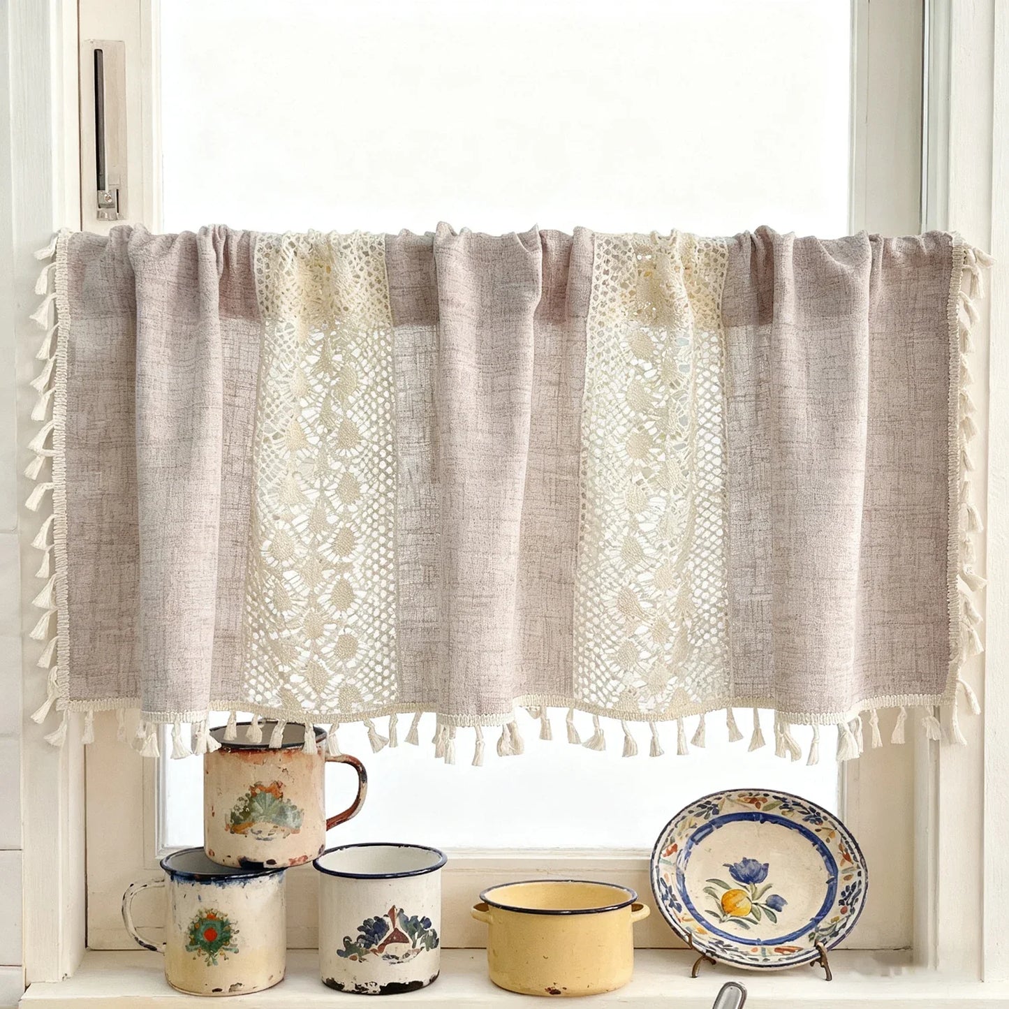 Bohemian Crochet Lace Kitchen Curtain with Tassel Trim, Spliced Design Boho Curtains for Window Panel Light Filtering Drape