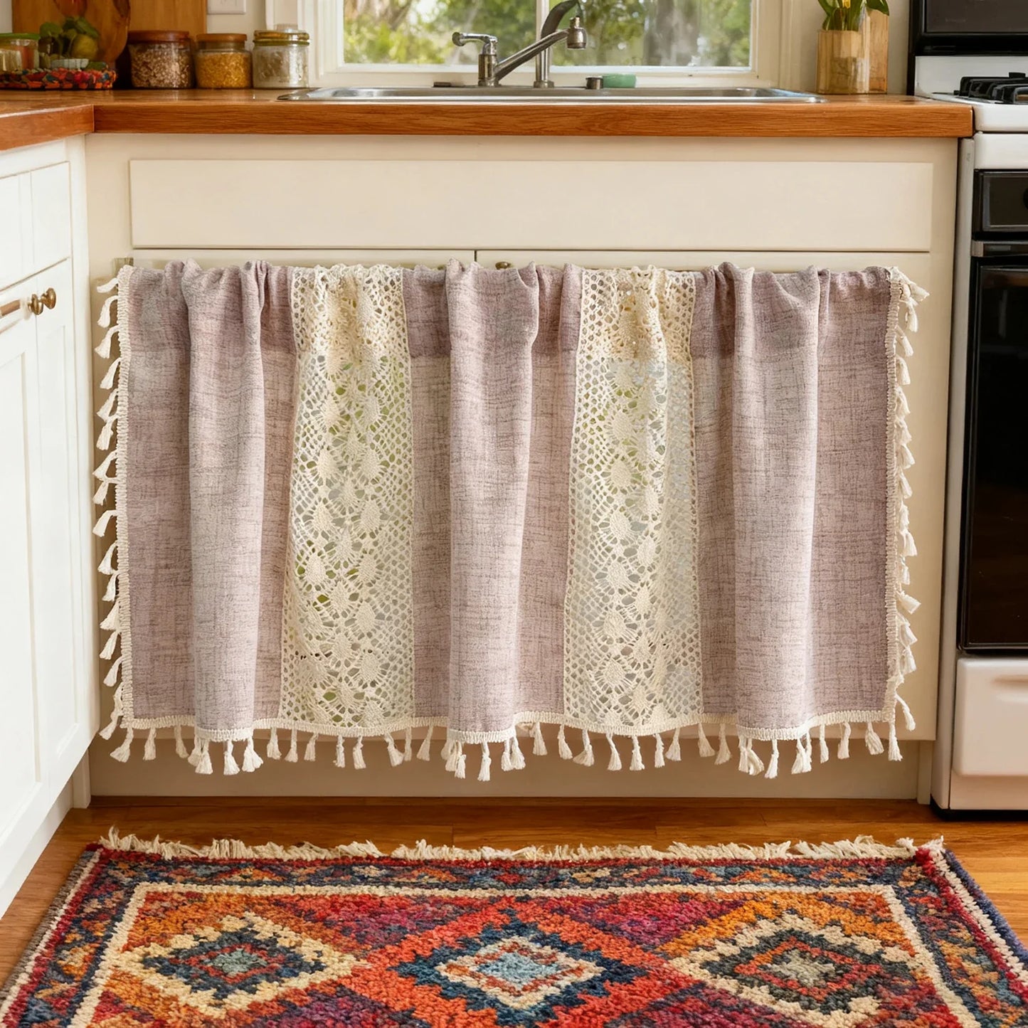 Bohemian Crochet Lace Kitchen Curtain with Tassel Trim, Spliced Design Boho Curtains for Window Panel Light Filtering Drape