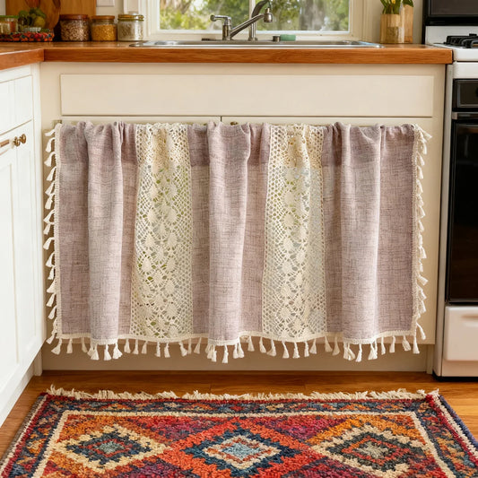 Bohemian Crochet Lace Kitchen Curtain with Tassel Trim, Spliced Design Boho Curtains for Window Panel Light Filtering Drape