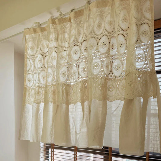 Kitchen Curtain Short Boho Sheer Lace Crochet Valance Tie Top with Ruffles Vintage Chic Curtain for Dinning Room Home Decoration