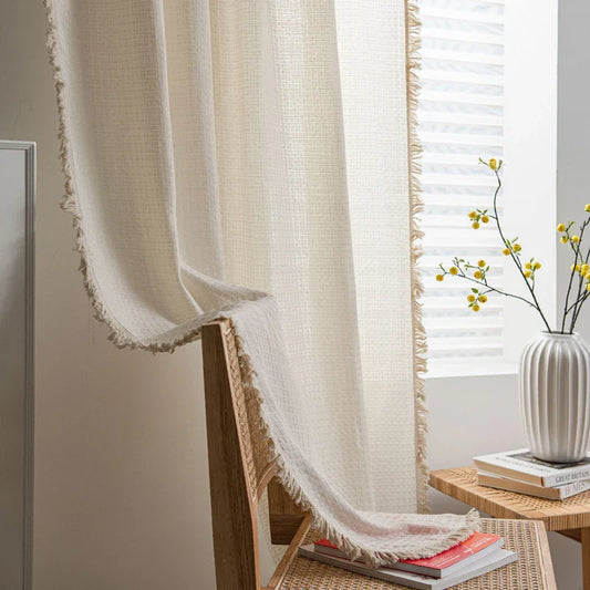 Waffle Weave Curtain with Tassels Rod Pocket Light Filtering Farmhouse Rustic Window Curtains for Bedroom Living Room Home Decor