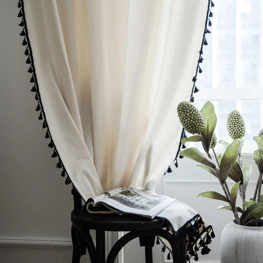 Boho Curtains Natural Linen Look Textured Burlap for Bedroom Rod Pocket Semi Blackout with Tassels Window Drapes for Living Room