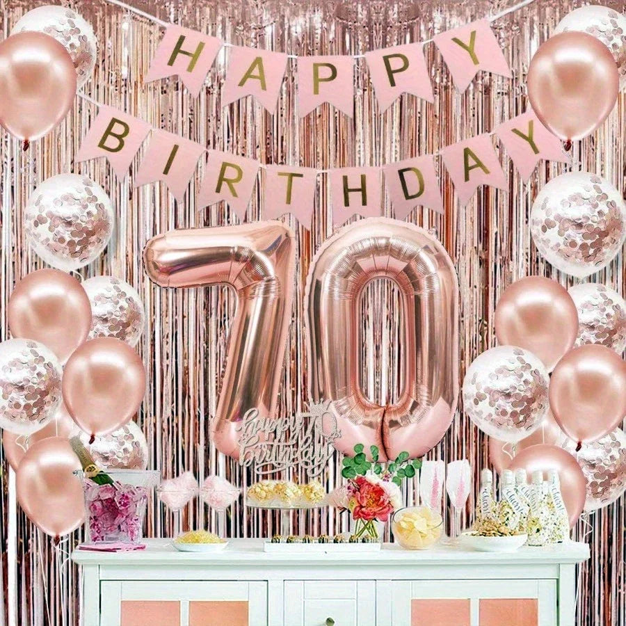 58Pc/Set 40-Inch Number Foil Balloons Party Backdrop Rain Curtain Rose Gold Glitter Balloons Happy Birthday Pink Banner Birthday Party Set Celebration Birthday Party Combo Set Suitable for 16Th 21St 30Th 40Th 50Th 60Th 70Th C