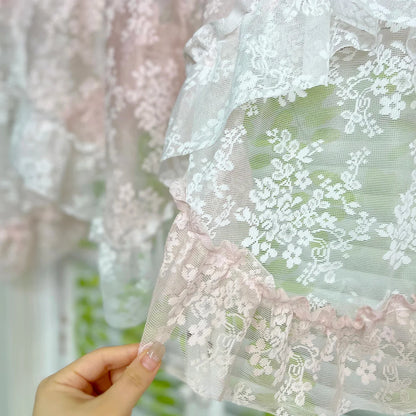 1Pc,Princess Style White Pink Double Layer Jacquard Lace with Ruffles Swag Waterfal Valance Sheer Curtains for Room Windows