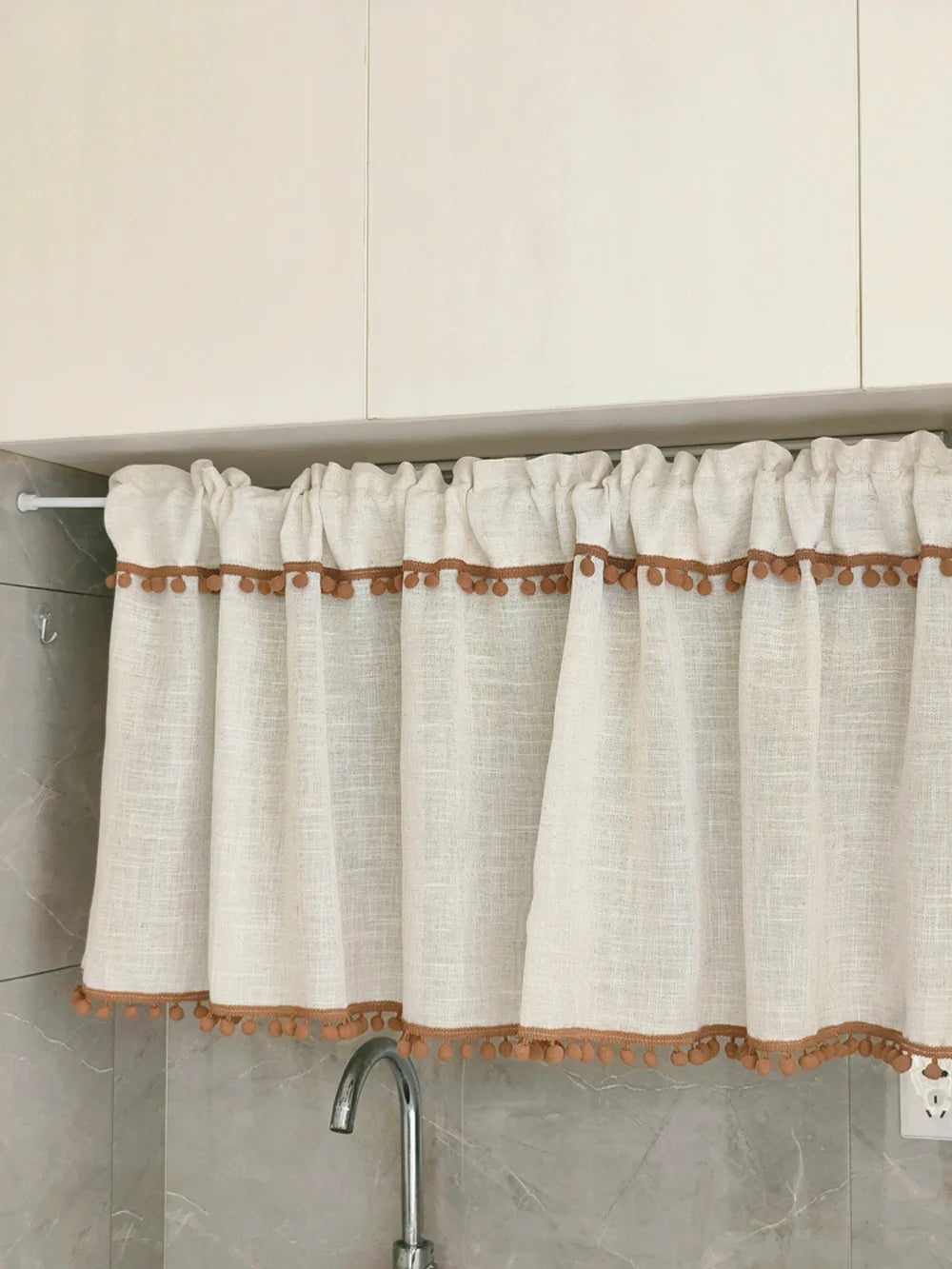 Kitchen Curtains Faux Linen Textured Small Cafe Window Curtain with Pom Pom Over Sink Light Filtering Short Curtain for Bathroom