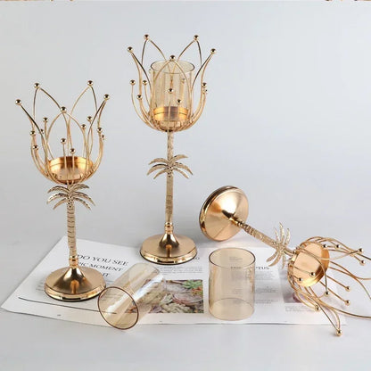 1pcs Electroplated Candlestick Candlelight Dinner European Lotus Metal Candlestick Coconut Tree Candlestick Christmas Decoration