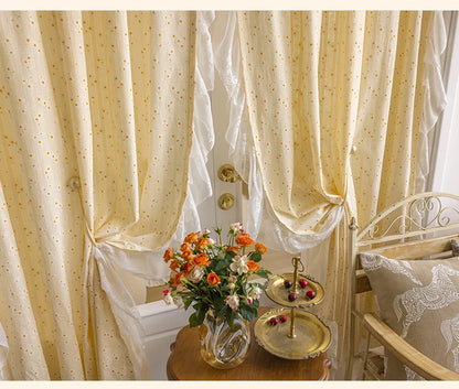 Light Yellow Daisy French Vintage Ruffle Lace Flower Semi Blackout Curtains Cotton Linen Window Door Cabinet Drapes for Bedroom