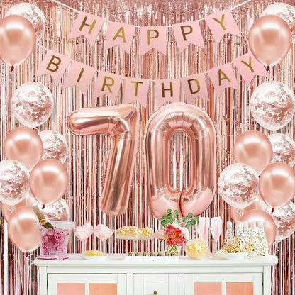 58Pc/Set 40-Inch Number Foil Balloons Party Backdrop Rain Curtain Rose Gold Glitter Balloons Happy Birthday Pink Banner Birthday Party Set Celebration Birthday Party Combo Set Suitable for 16Th 21St 30Th 40Th 50Th 60Th 70Th C