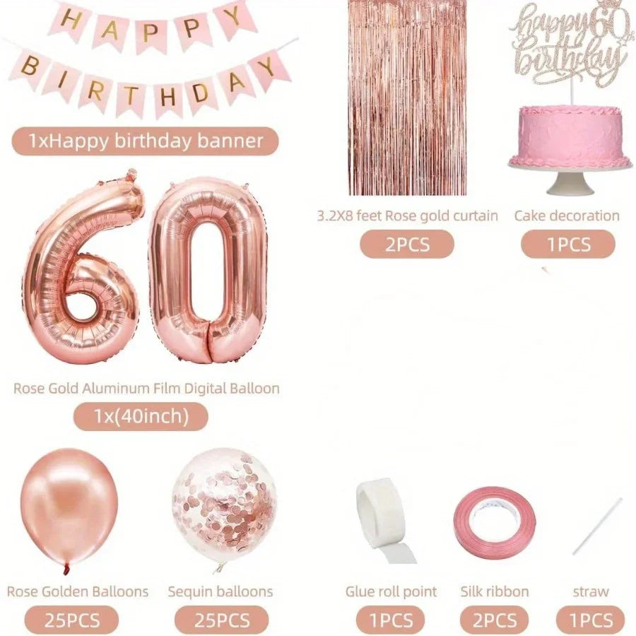 58Pc/Set 40-Inch Number Foil Balloons Party Backdrop Rain Curtain Rose Gold Glitter Balloons Happy Birthday Pink Banner Birthday Party Set Celebration Birthday Party Combo Set Suitable for 16Th 21St 30Th 40Th 50Th 60Th 70Th C