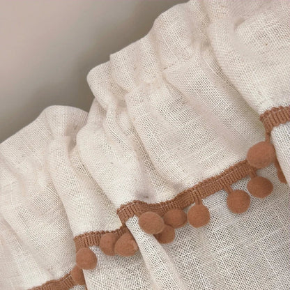 Kitchen Curtains Faux Linen Textured Small Cafe Window Curtain with Pom Pom Over Sink Light Filtering Short Curtain for Bathroom